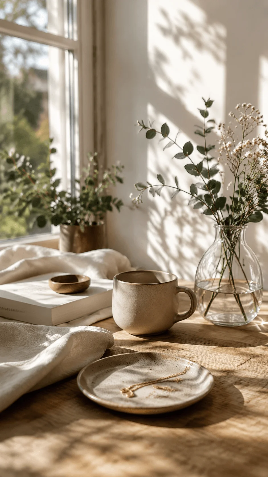 Natural window light photography featuring a ceramic cup, linen fabric, wooden table, glass vase with greenery, and soft sunlight creating a peaceful sustainable aesthetic atmosphere