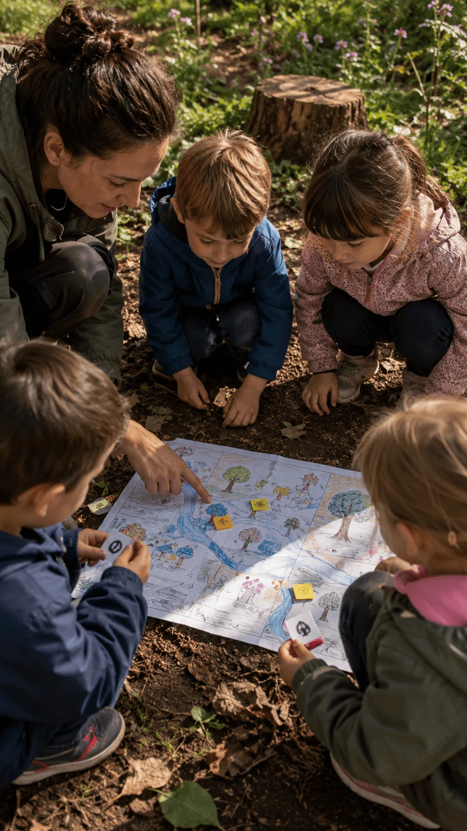 Children creating a nature based habitat map with their educator while exploring trees plants water and wildlife in a woodland setting