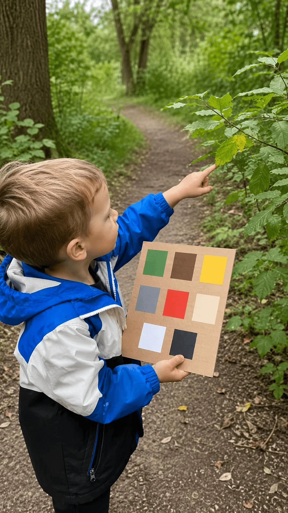 Toddler matching green leaves to a reusable color board during a nature walk
