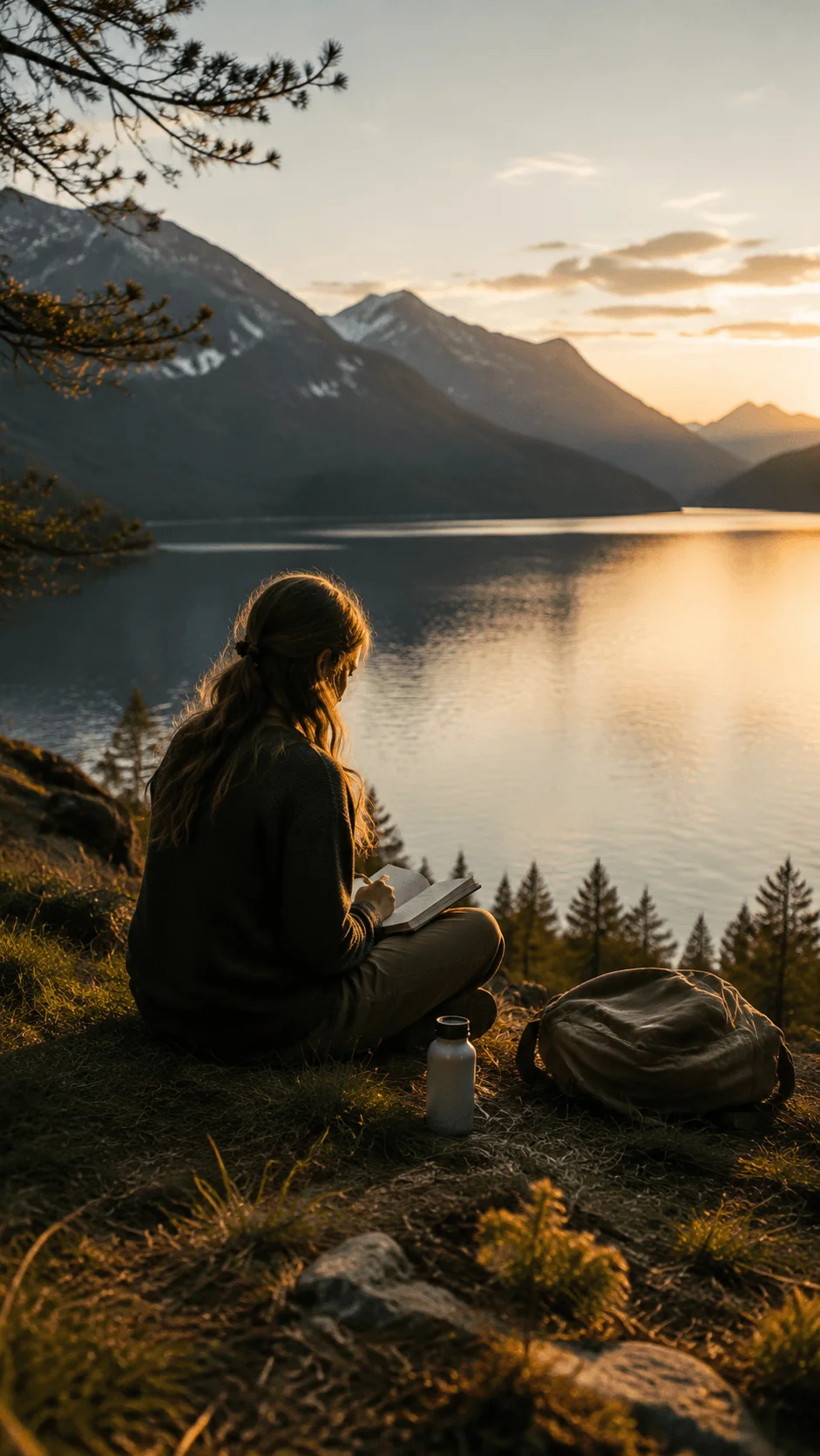 Nature connection photography featuring a person journaling beside a peaceful mountain lake, surrounded by forests, natural landscapes, warm sunset light, and a mindful outdoor experience connected with nature.