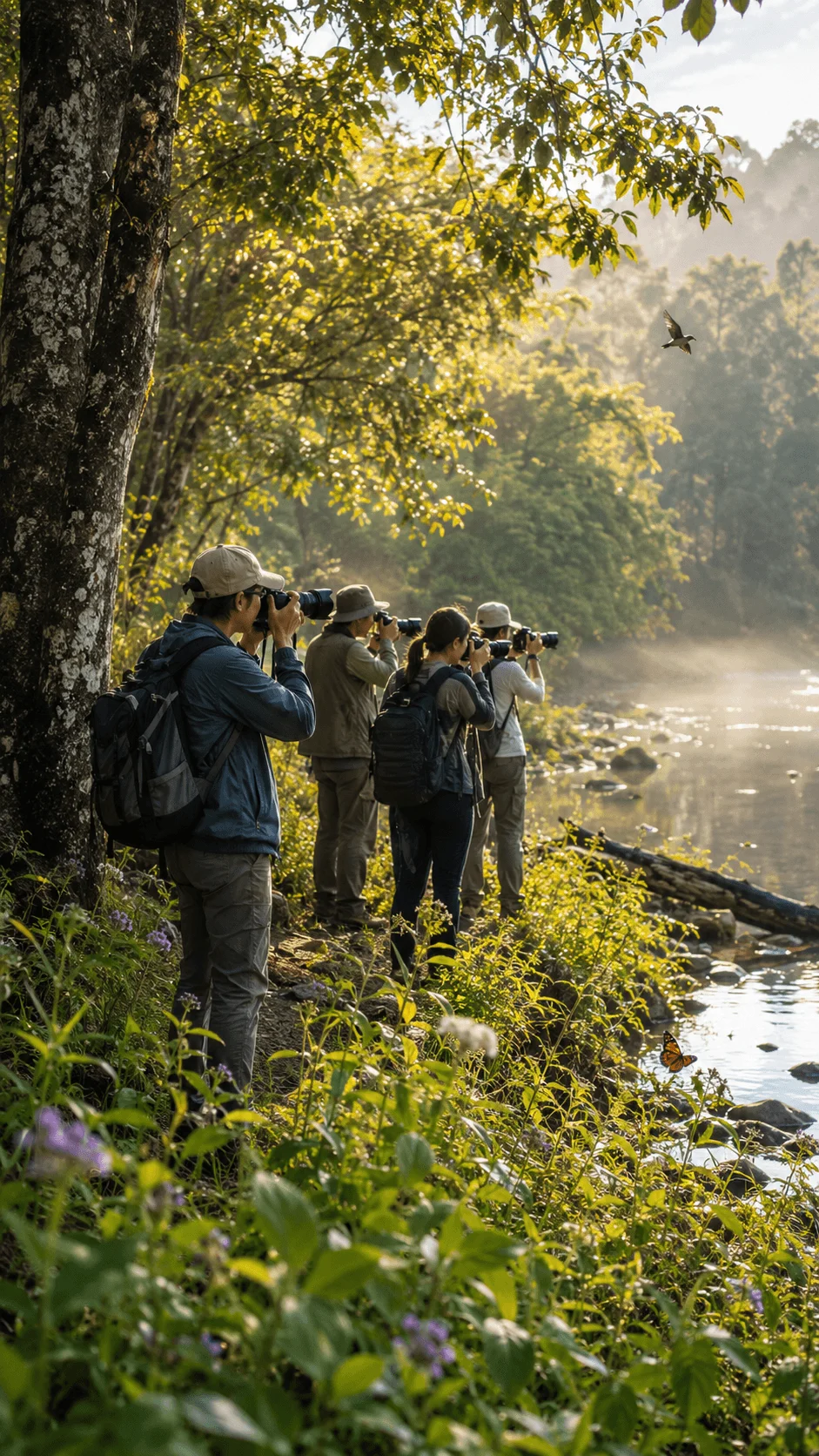 Nature immersion photography walk with photographers capturing wildlife and landscapes beside a peaceful forest river surrounded by lush greenery and natural sunlight