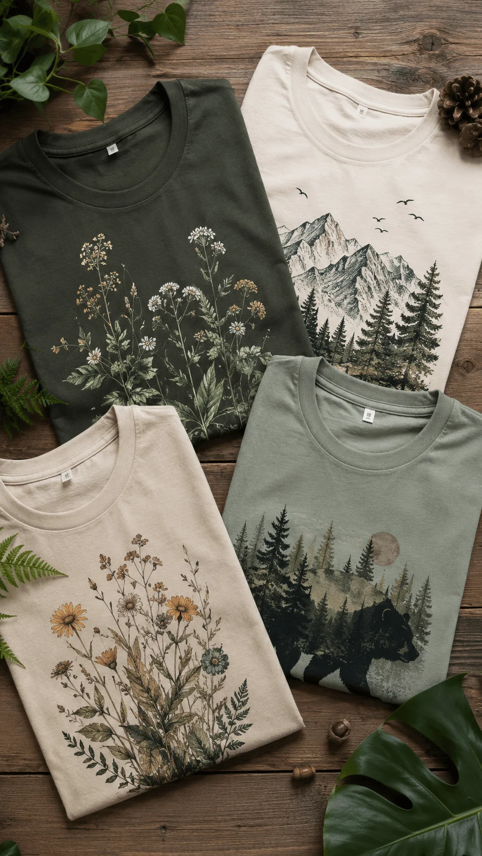 Nature inspired botanical t shirt designs featuring eco friendly shirts with floral illustrations, mountain landscapes, forest artwork, earthy colors, and natural plant elements arranged on a rustic wooden background with greenery accents.