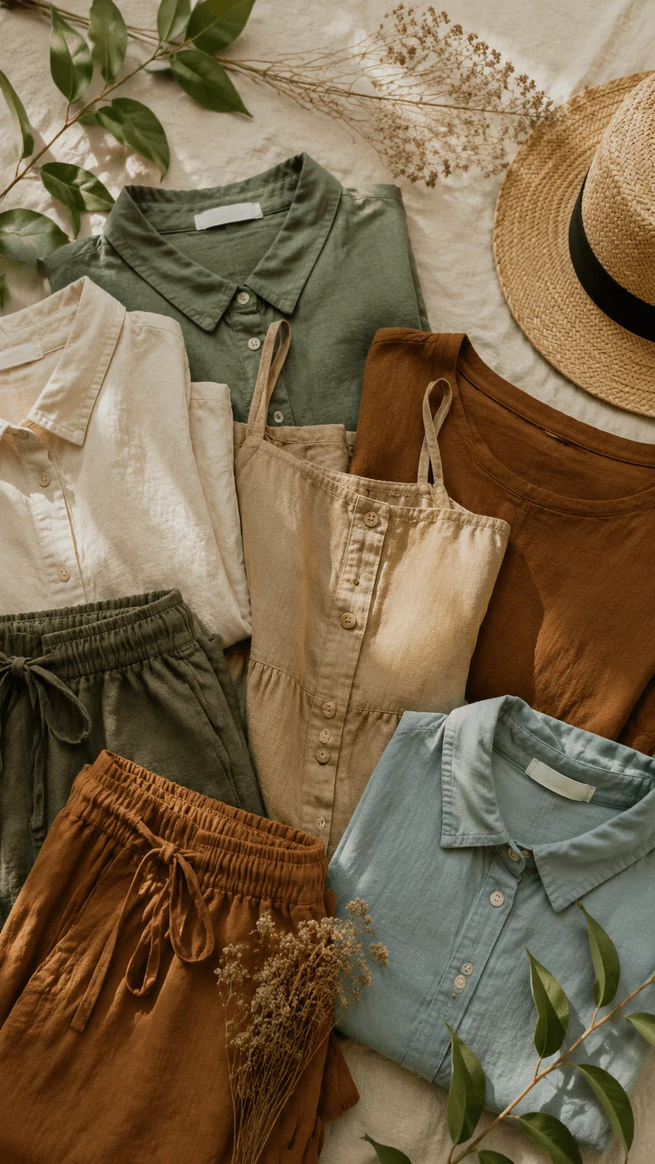 Nature inspired sustainable fashion clothing in earthy colors including green beige brown and blue garments arranged with natural leaves and eco friendly aesthetic
