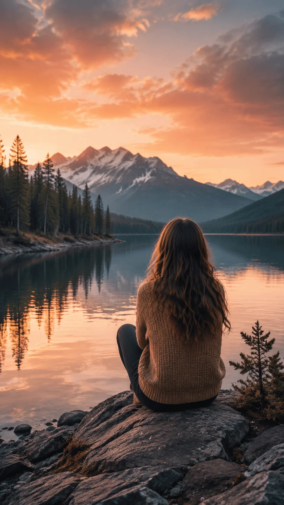 Person sitting beside a mountain lake during sunset with warm highlights and cool shadows creating a natural split toning photography effect