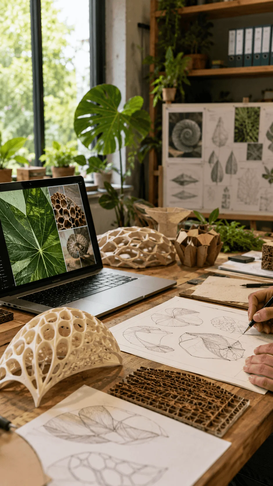 Nature inspired sustainable product design concepts featuring biomimetic designs natural patterns eco friendly materials green innovation and organic product development workspace