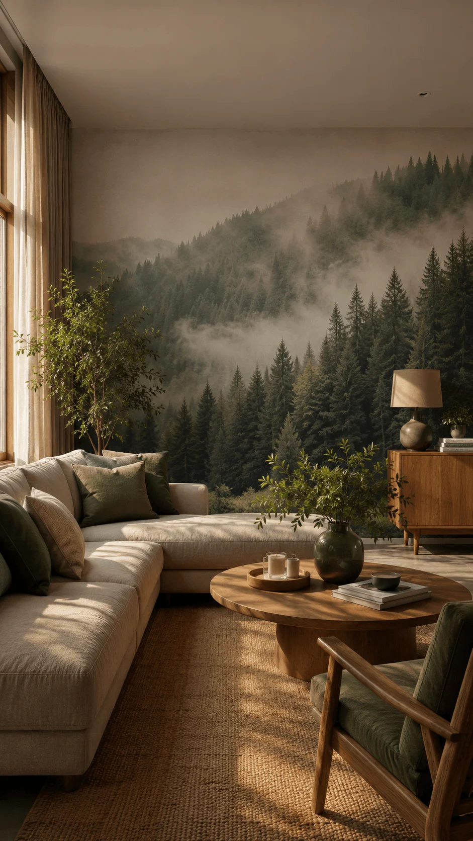 Nature inspired sustainable wallpaper mural featuring a misty forest landscape in a cozy living room with natural wood furniture plants and earthy minimalist decor