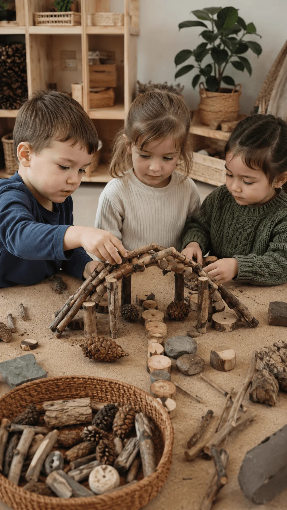 Children creating a small structure with sticks pinecones stones and wooden pieces during nature loose parts play in an early years classroom