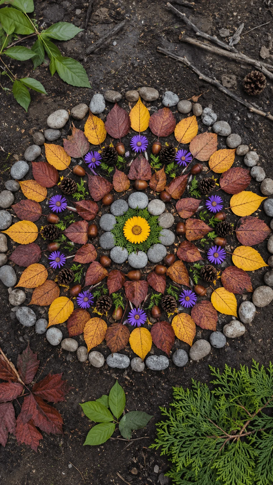 Nature mandala art created outdoors using colorful autumn leaves flowers pinecones acorns stones and greenery arranged in a symmetrical circular pattern on the ground celebrating creativity and the beauty of natural materials.
