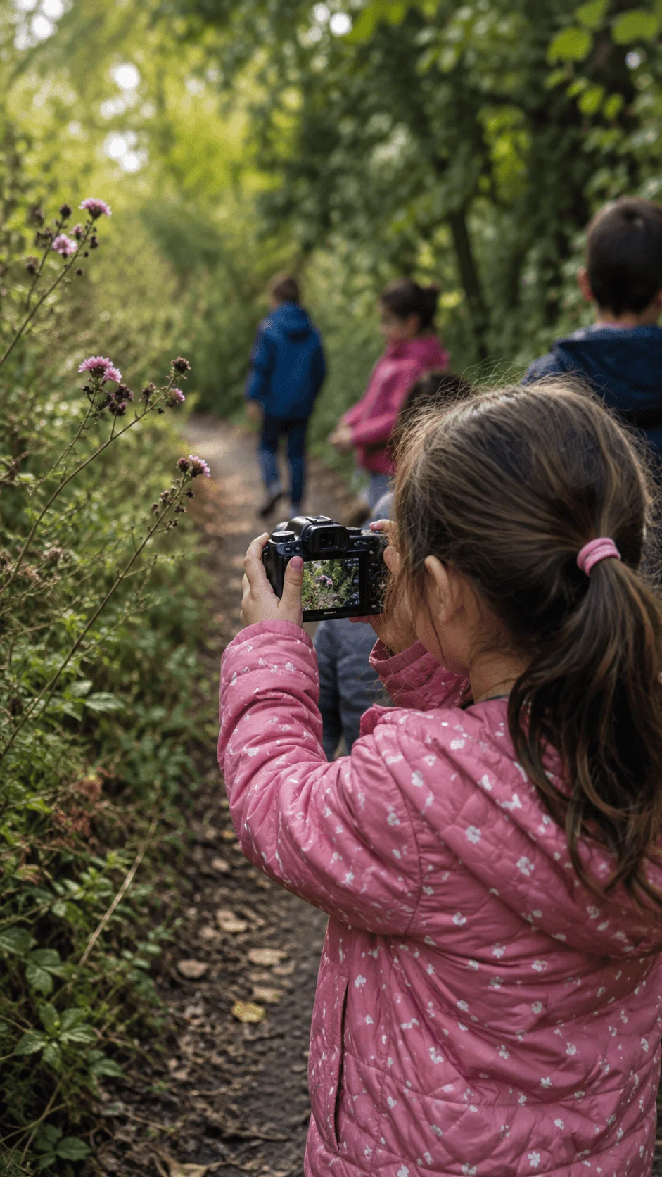 Child photographing wildflowers during a nature photography walk while classmates explore a forest path and observe the natural environment