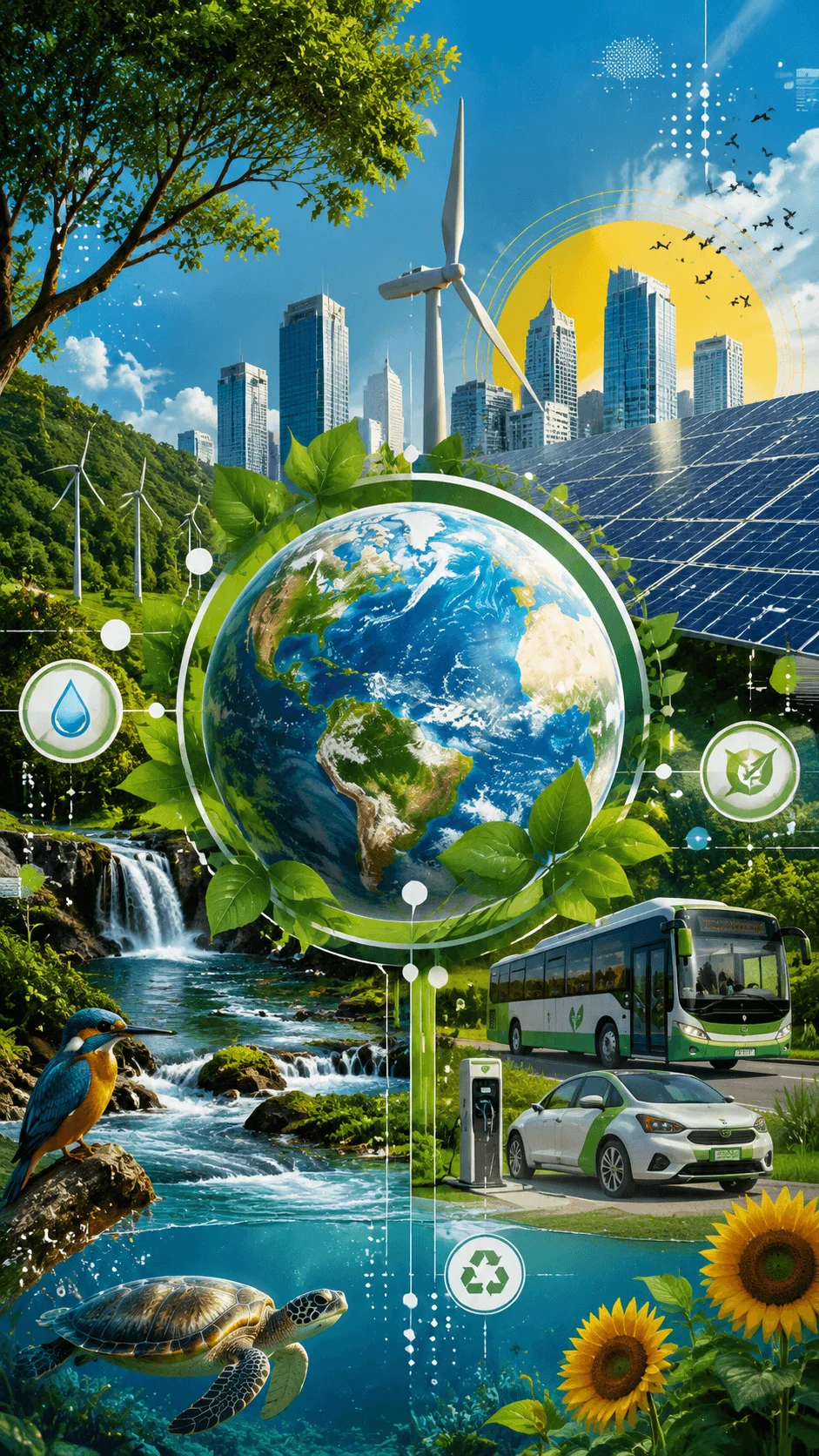 Nature plus technology sustainability poster showing a futuristic eco friendly world with earth greenery renewable energy wind turbines solar panels electric transport clean water wildlife and smart city elements