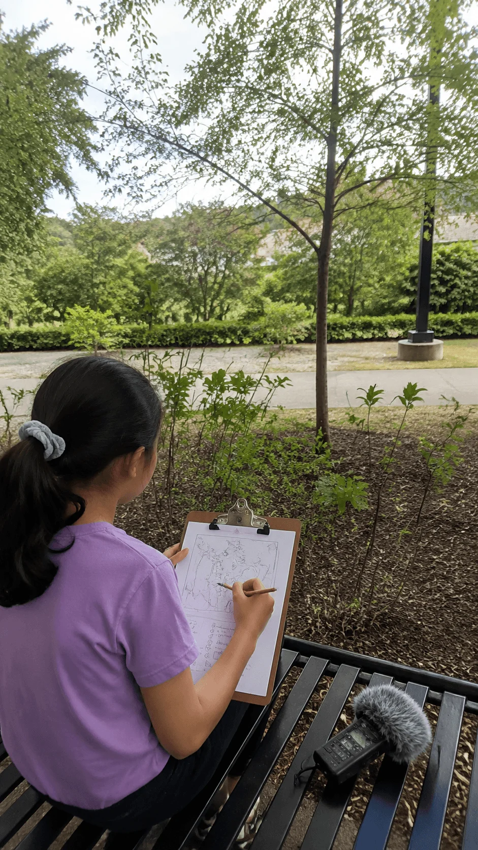 Child recording nature observations outdoors with a clipboard and audio equipment for a sustainable STEM sound mapping activity