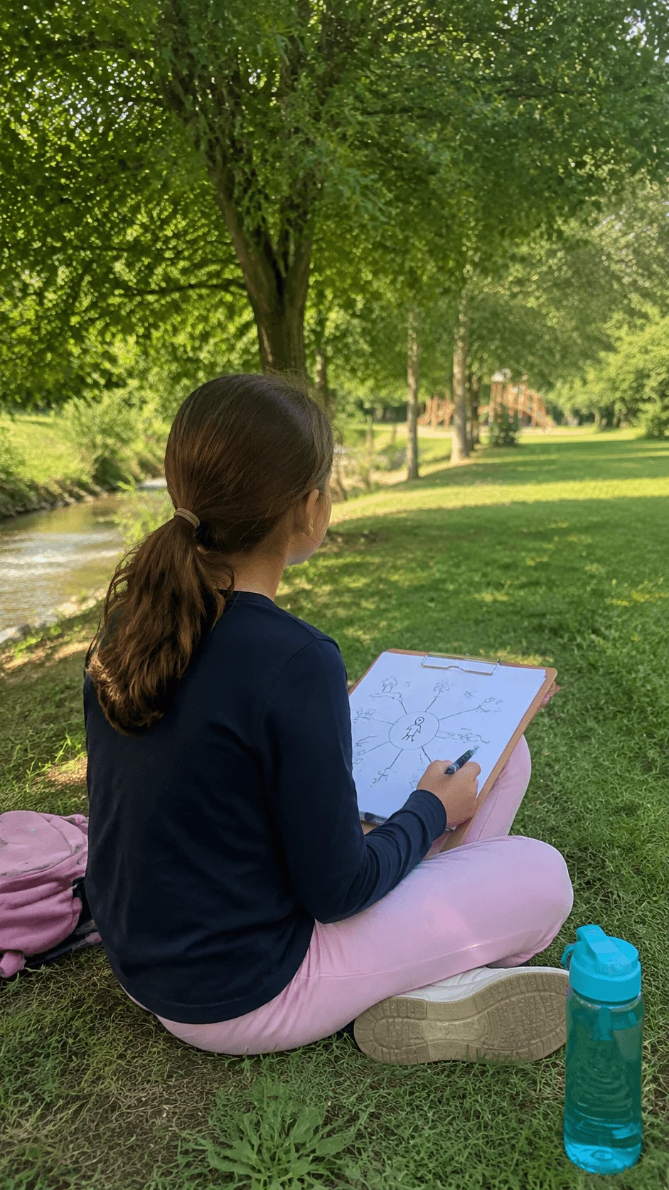 Child creating a nature sound map in a park by recording environmental observations with a notebook while exploring outdoor sounds and surroundings