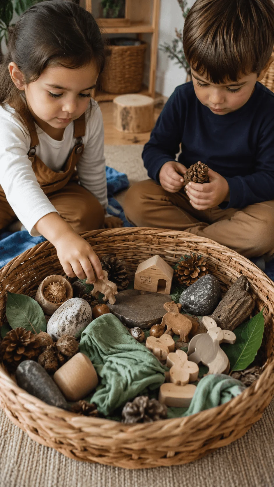 Children creating an eco story basket with natural materials wooden toys stones leaves and pinecones for sustainable storytelling play