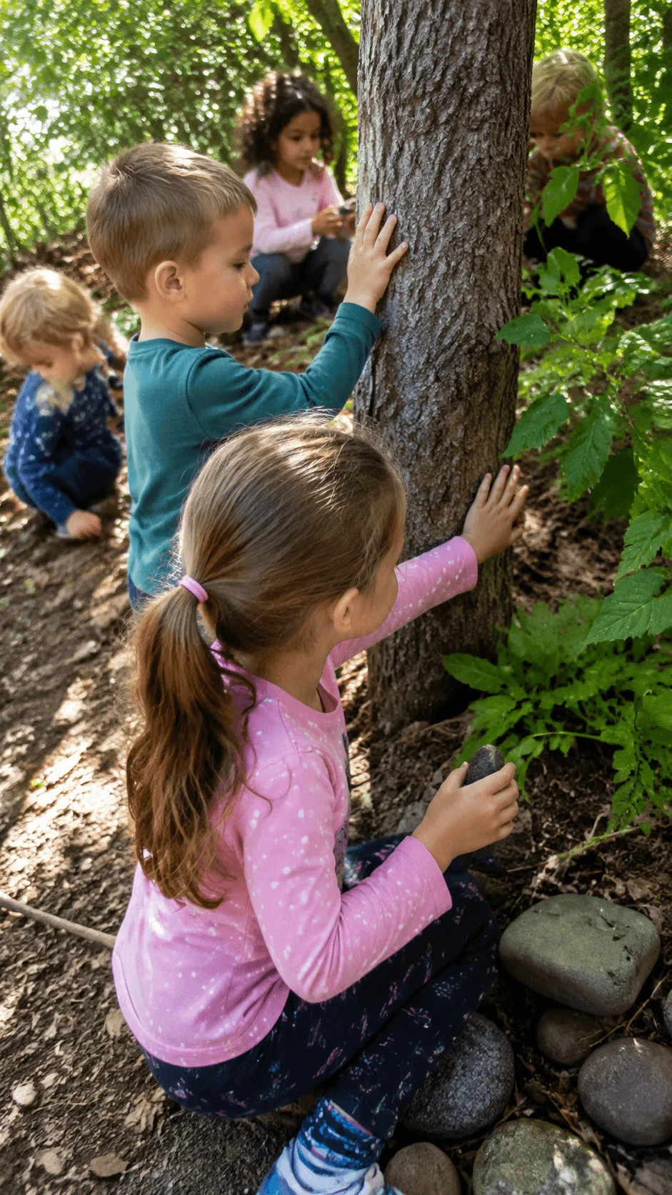 Children exploring nature texture treasure hunt by touching tree bark and observing natural materials outdoors in a forest setting