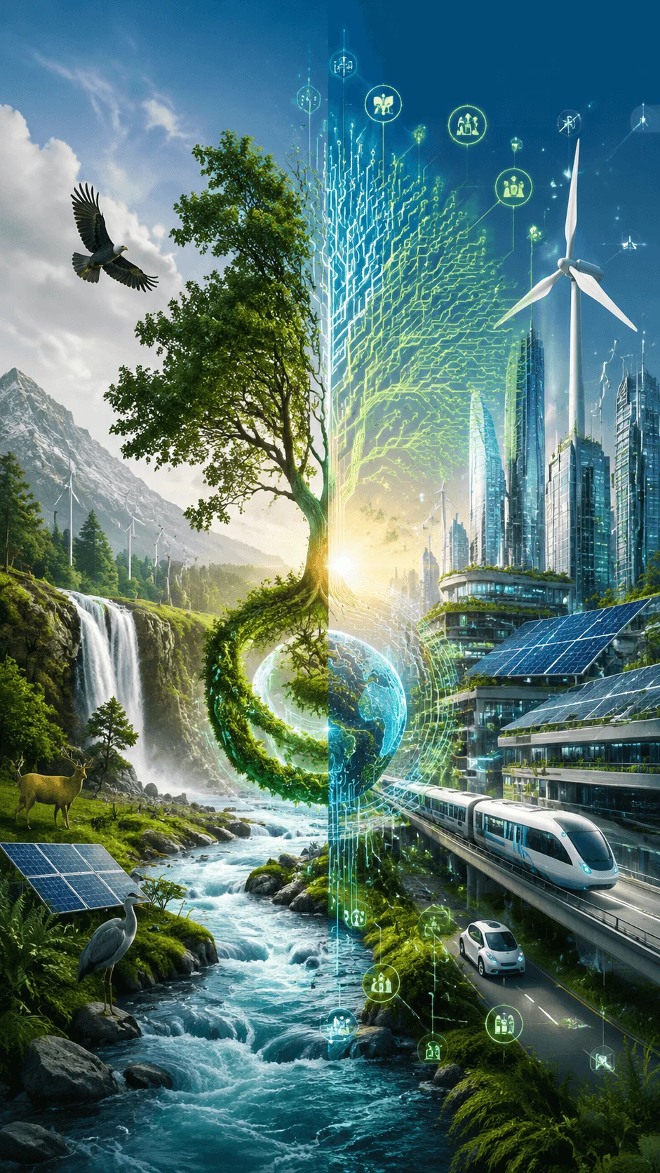 Nature and technology balance poster showing harmony between natural landscapes and futuristic cities with trees, renewable energy, digital networks, clean transportation, and sustainable innovation