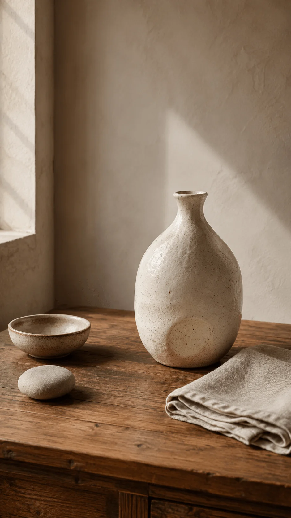 Neo minimalism photography featuring handmade ceramic vase, bowl, smooth stone, linen cloth, and wooden table with soft natural light creating a warm simple sustainable aesthetic composition