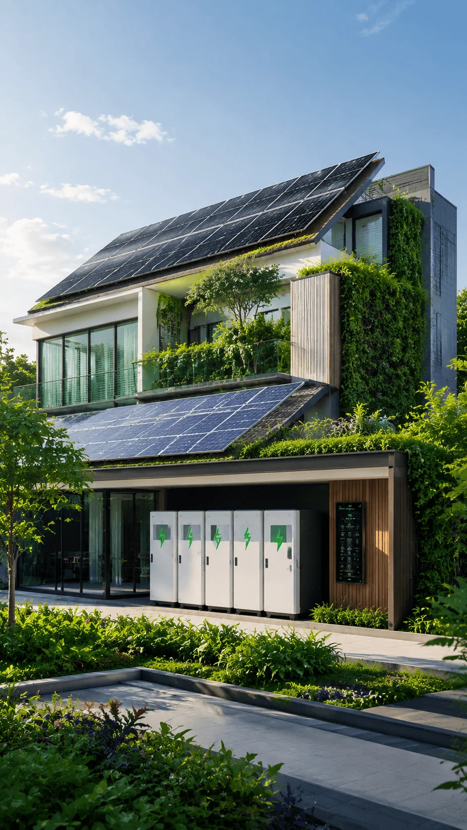Net positive energy building with solar panels battery storage green walls and sustainable architecture generating clean renewable energy