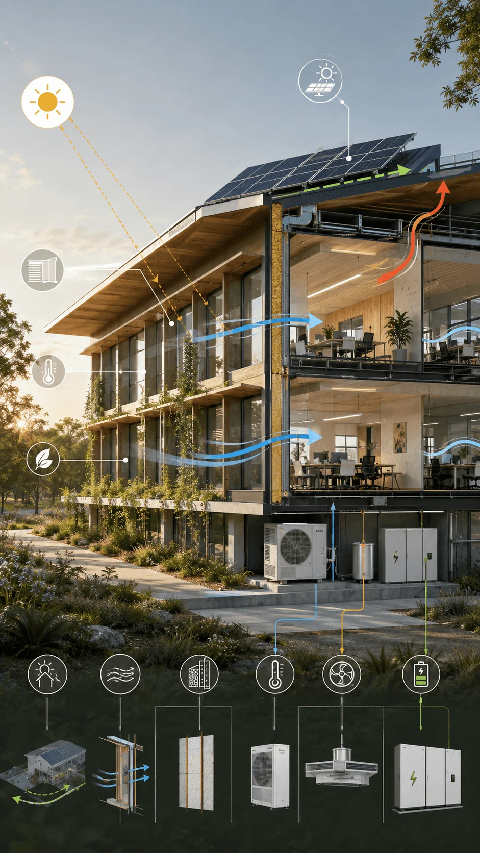 Net zero architecture concept diagram showing a high performance sustainable building with solar panels, natural ventilation, energy systems, insulation, heat pumps, climate responsive design, and renewable energy strategies for reducing carbon impact
