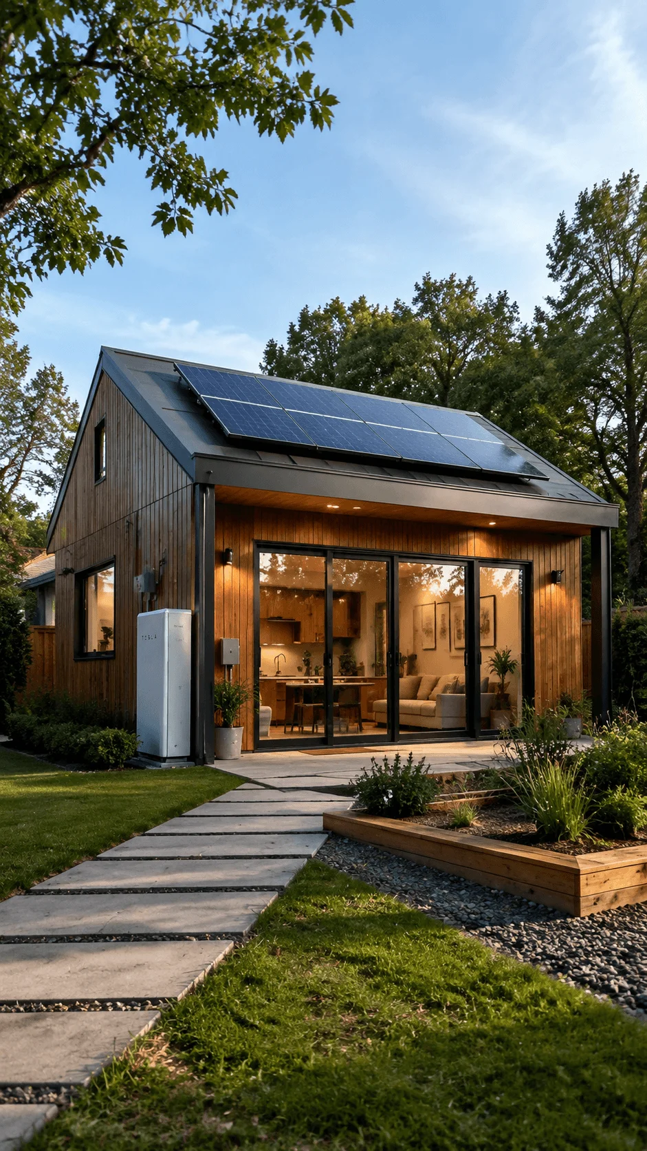 Modern net zero energy ADU with rooftop solar panels home battery storage natural wood exterior large glass doors landscaped garden and energy efficient design for sustainable self sufficient living
