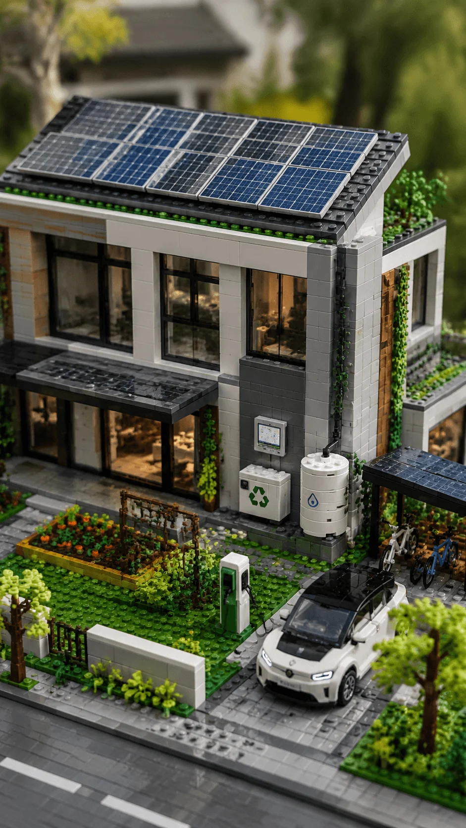 Realistic LEGO net zero energy home with rooftop solar panels electric vehicle charging station rainwater tank recycling system vegetable garden and sustainable modern architecture design