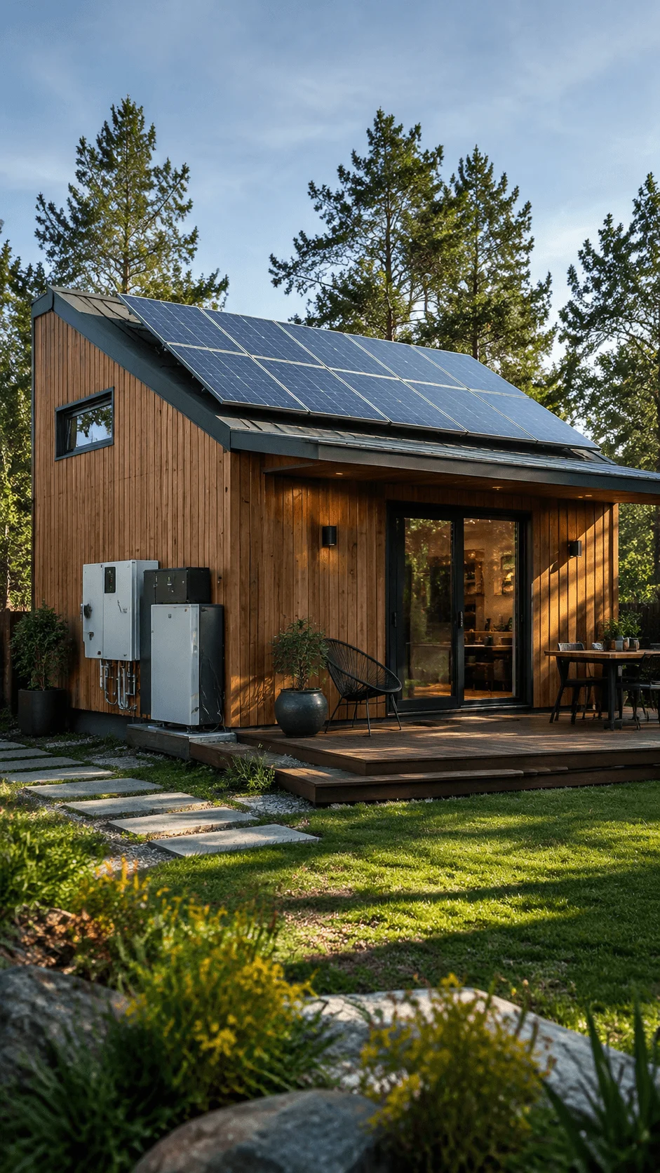 Net zero energy mini house featuring solar panels sustainable wooden architecture renewable energy system and eco friendly modern living design