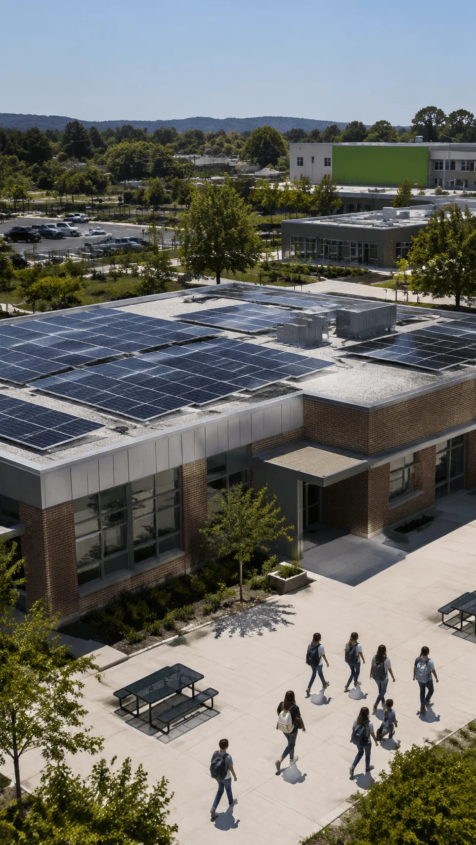 Net zero energy school design featuring rooftop solar panels a sustainable campus building green surroundings and students walking through an eco friendly learning environment