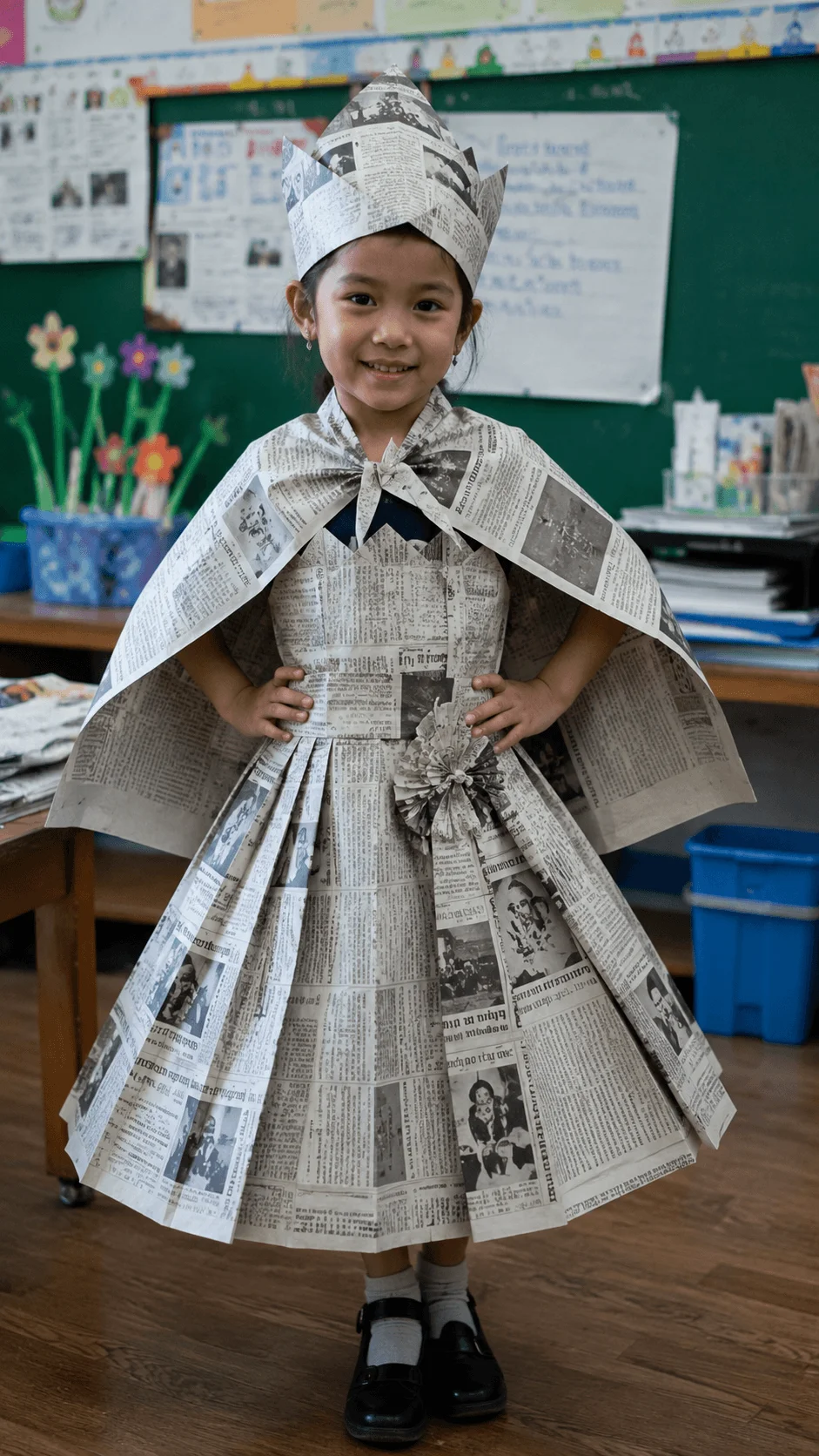 Child wearing a creative newspaper fashion outfit featuring a handmade dress cape and crown crafted from recycled newspapers while standing in a classroom as part of an eco friendly design and sustainability art project.