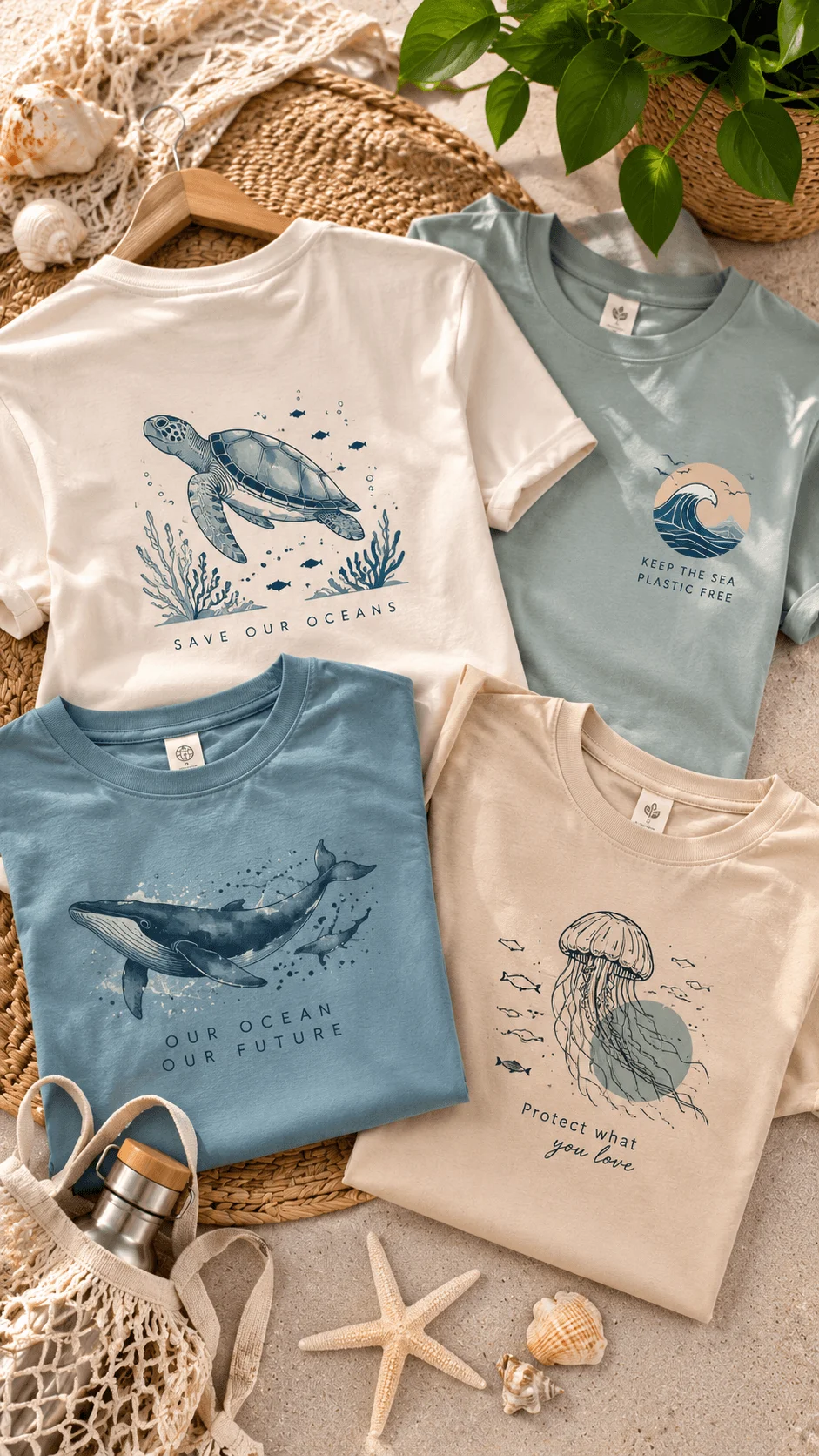 Ocean conservation inspired t shirt designs featuring sustainable clothing with marine life artwork including turtles, whales, jellyfish, ocean waves, and environmental messages arranged with coastal elements, seashells, plants, and eco friendly accessories.