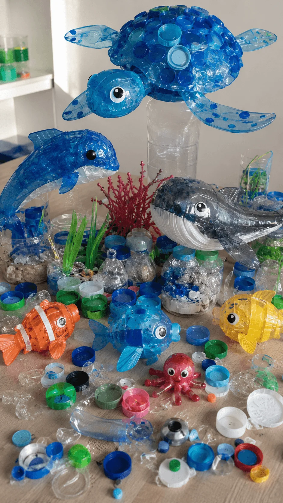 Ocean wildlife sculptures crafted from recycled plastic bottles caps and packaging materials featuring a sea turtle dolphins whale fish and octopus arranged in an underwater themed display that promotes ocean conservation and creative recycling.