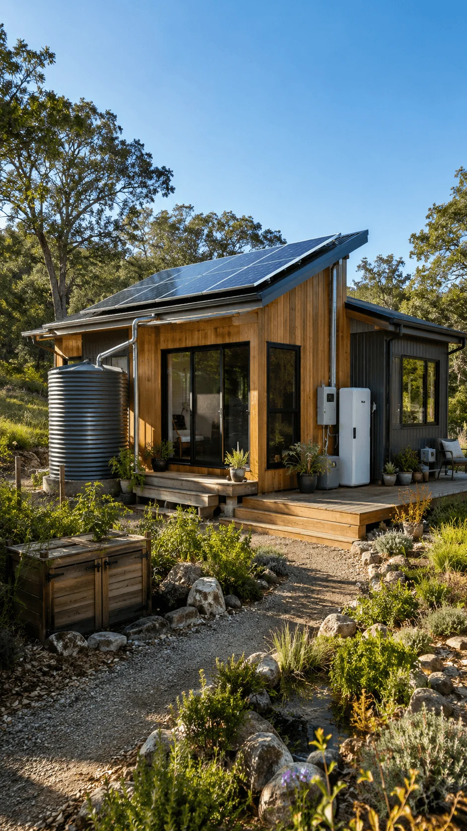 Off grid sustainable ADU with rooftop solar panels battery storage rainwater harvesting system natural wood exterior native landscaping and self sufficient eco friendly living in a remote natural setting