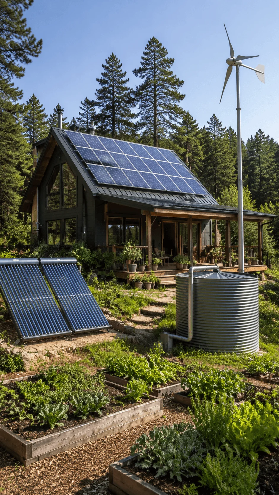 Off grid sustainable living home with solar panels wind turbine rainwater collection and organic garden for self sufficient renewable living