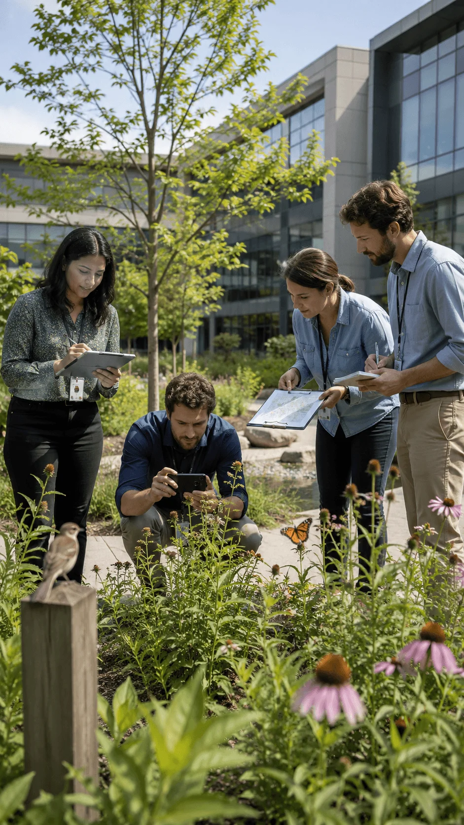 Employees mapping office biodiversity by observing native plants insects birds and pollinators while recording wildlife data in a green workplace landscape