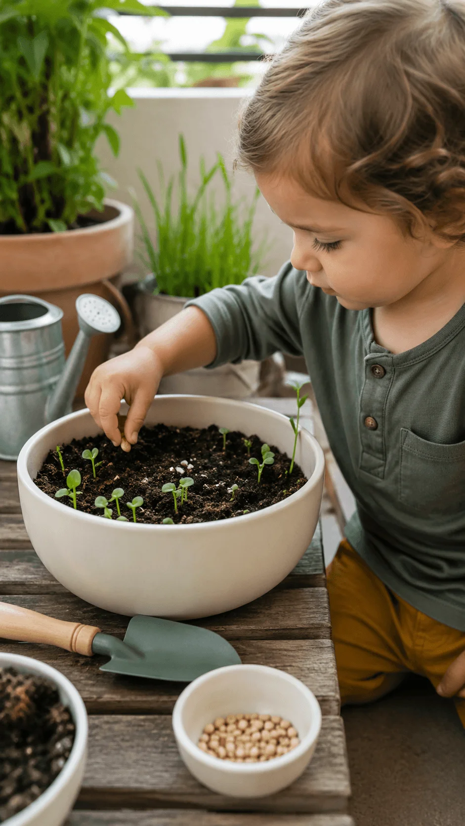 Toddler planting seeds among young seedlings in a one bowl garden on a balcony