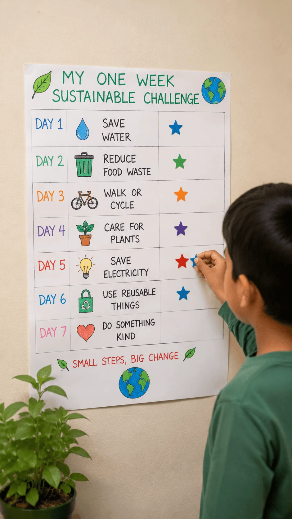 Child completing a one week sustainable living challenge by marking daily eco friendly actions on a sustainability activity chart