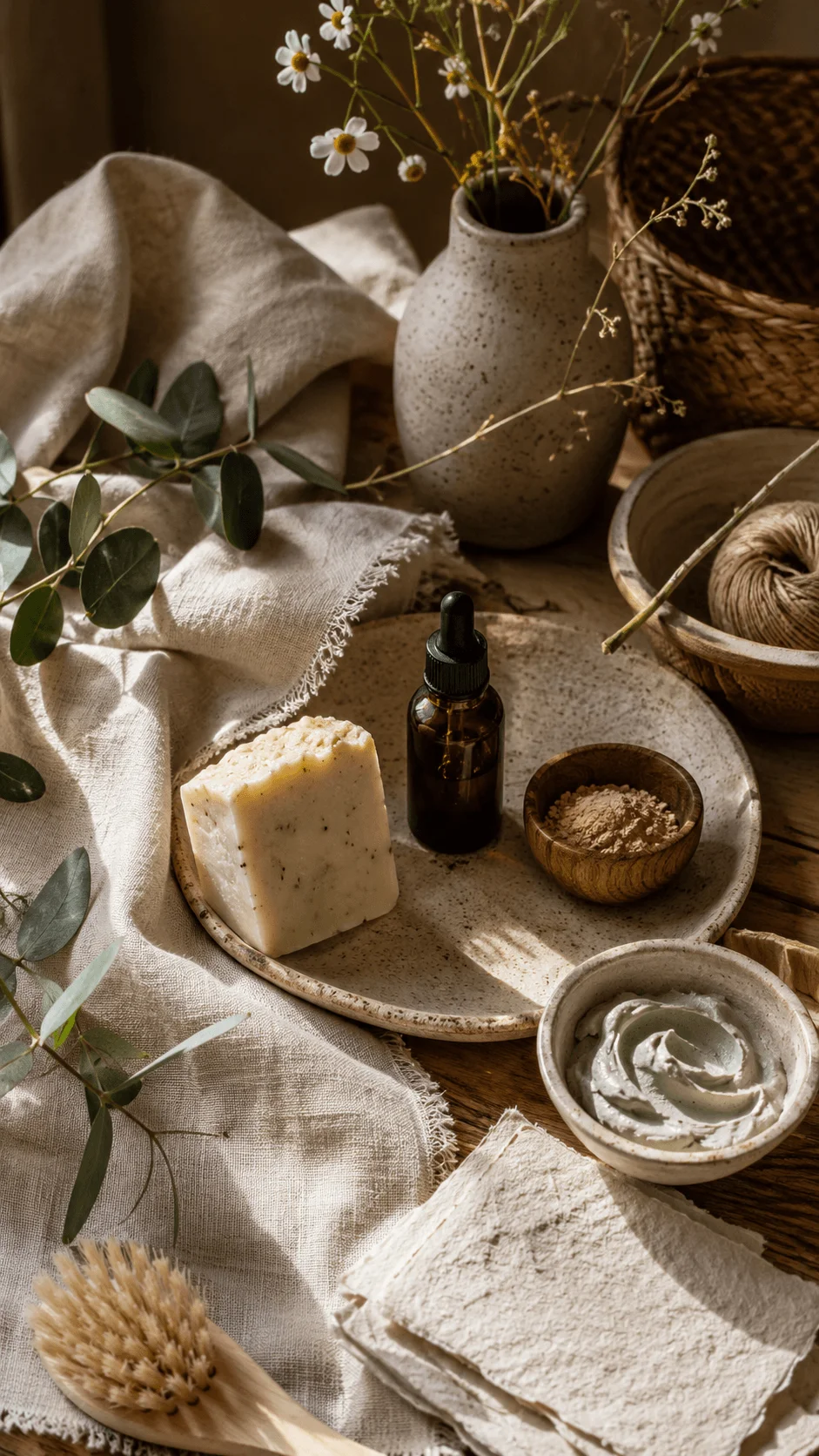 Organic aesthetic photography with natural textures including linen fabric ceramic bowls dried flowers and botanical elements