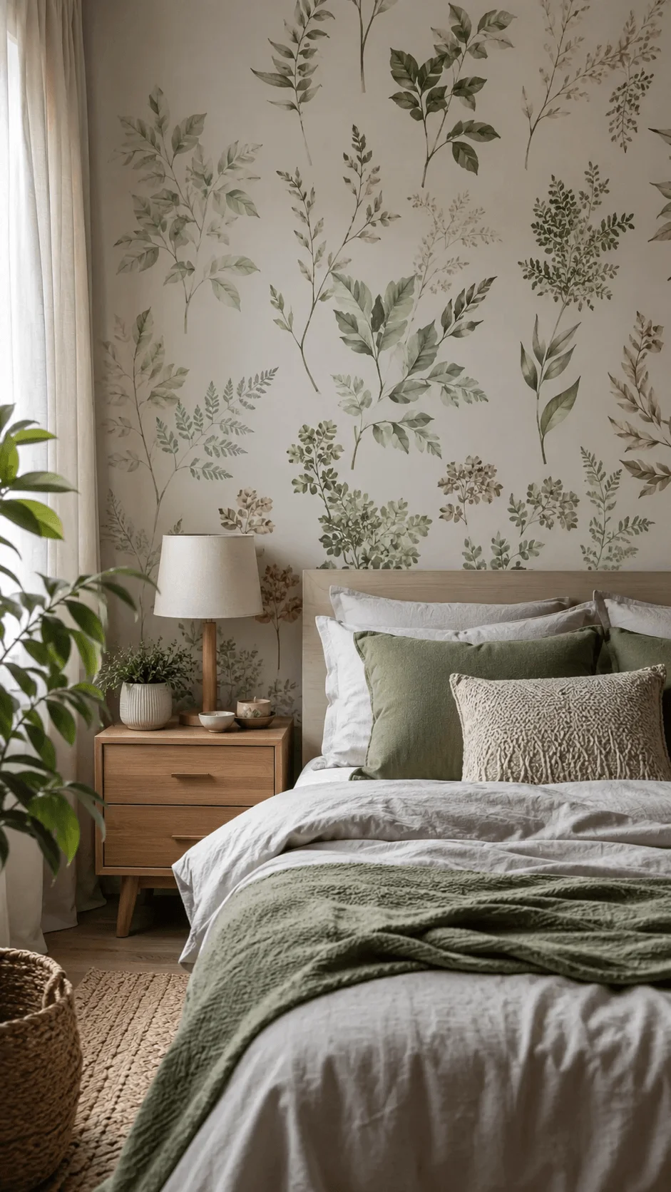 Organic botanical wallpaper featuring delicate leaf patterns on a bedroom wall with natural wood furniture green bedding plants and a calm minimalist interior design
