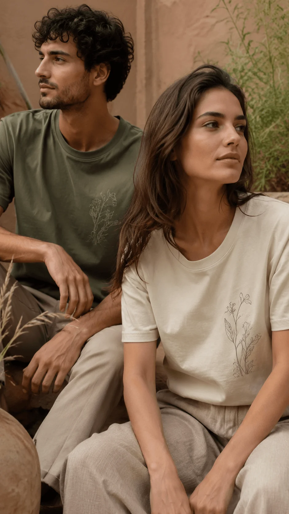 Organic cotton earth tone shirt designs featuring sustainable fashion clothing in natural colors with minimalist botanical artwork, comfortable casual styles, and eco friendly aesthetics worn in a peaceful outdoor setting with earthy textures and greenery.