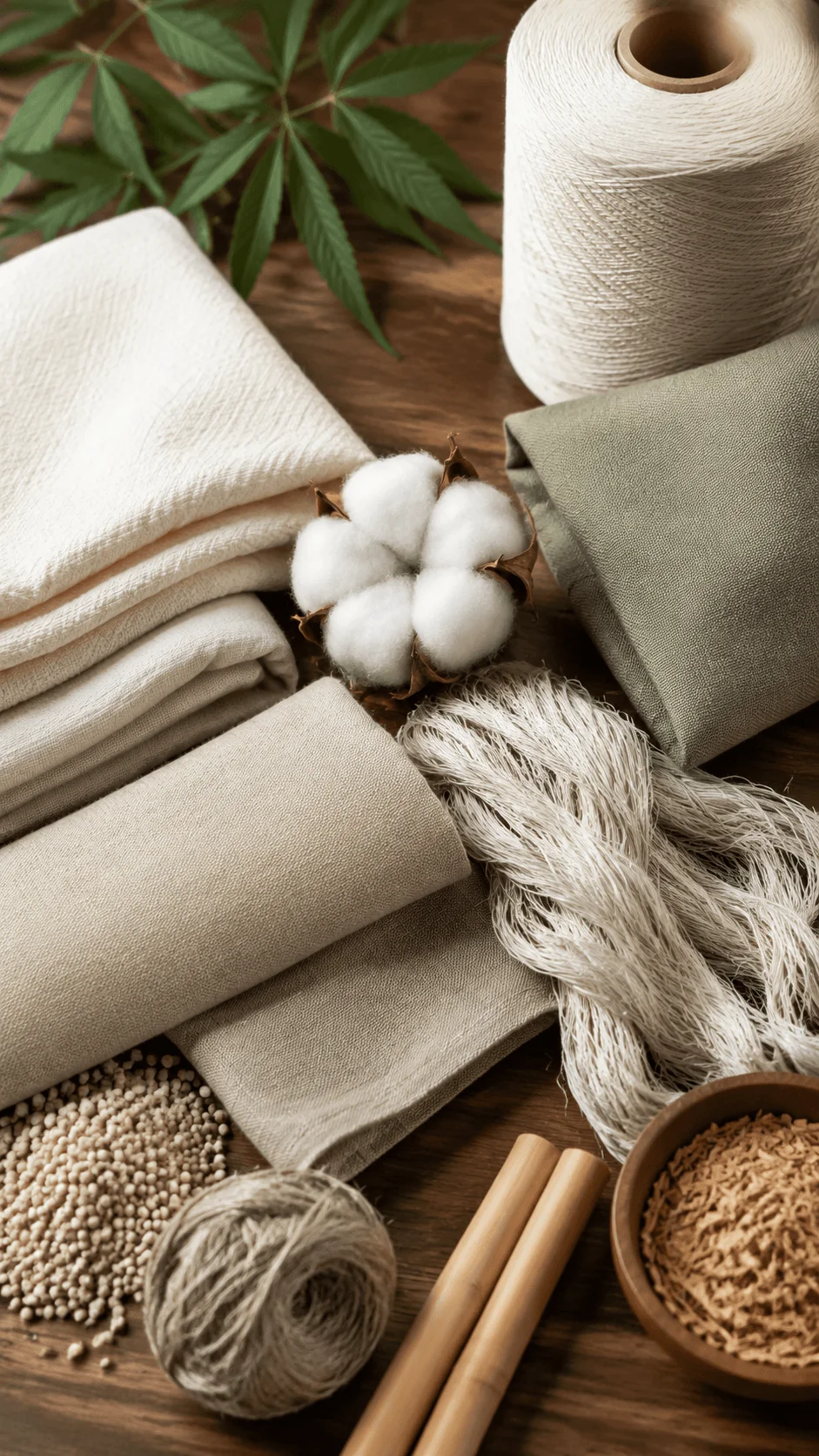 Organic sustainable fabrics including cotton hemp linen textiles and natural fibers arranged with eco friendly materials for sustainable fashion design