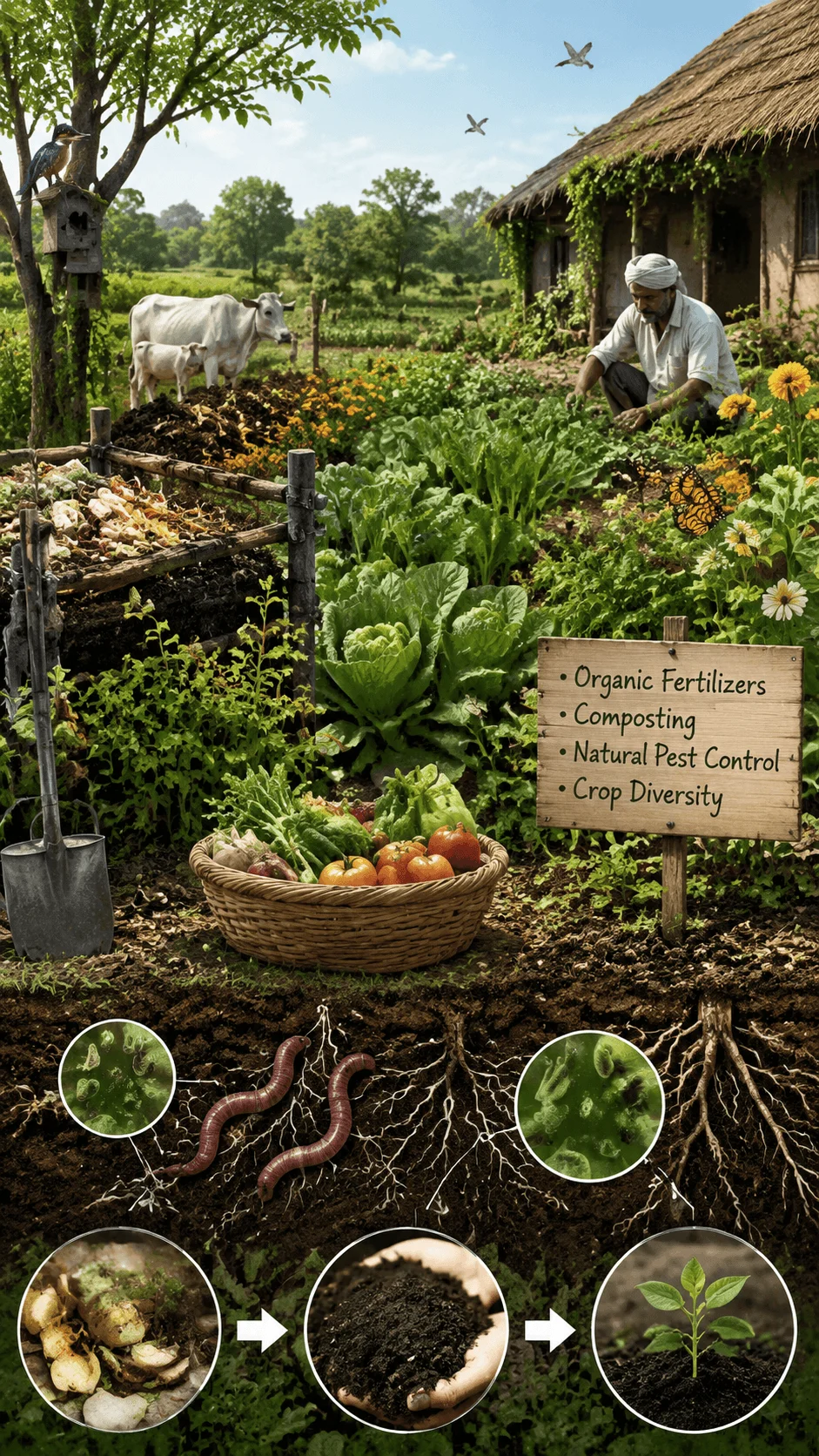 Organic farming and natural ecosystem image showing a sustainable farm with healthy crops, composting, organic fertilizers, natural pest control, biodiversity, farmers, animals, and healthy soil microorganisms