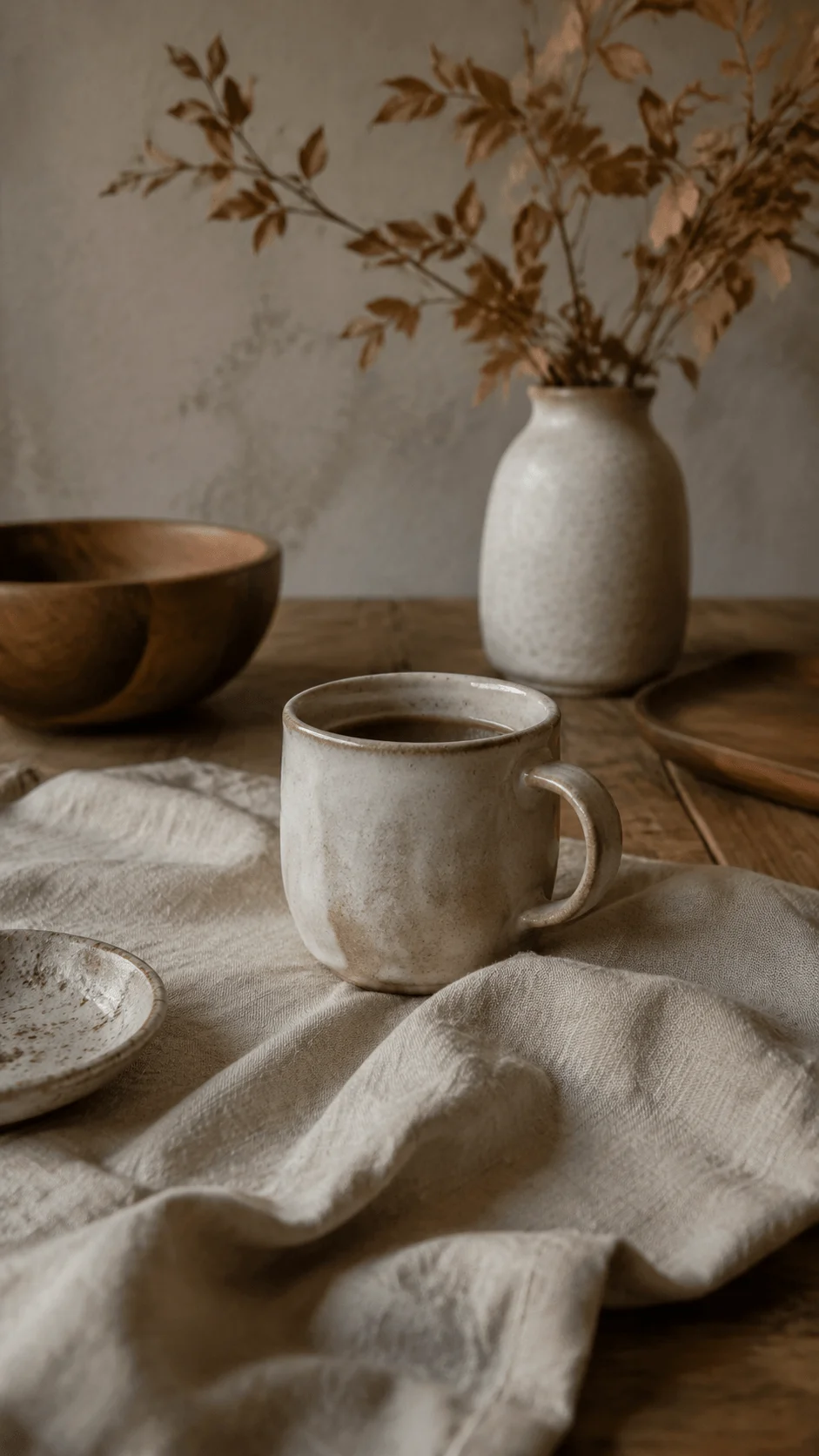 Organic imperfection photography featuring a handmade ceramic cup, linen cloth, wooden table, dried branches, and natural textures creating a warm minimalist sustainable aesthetic scene