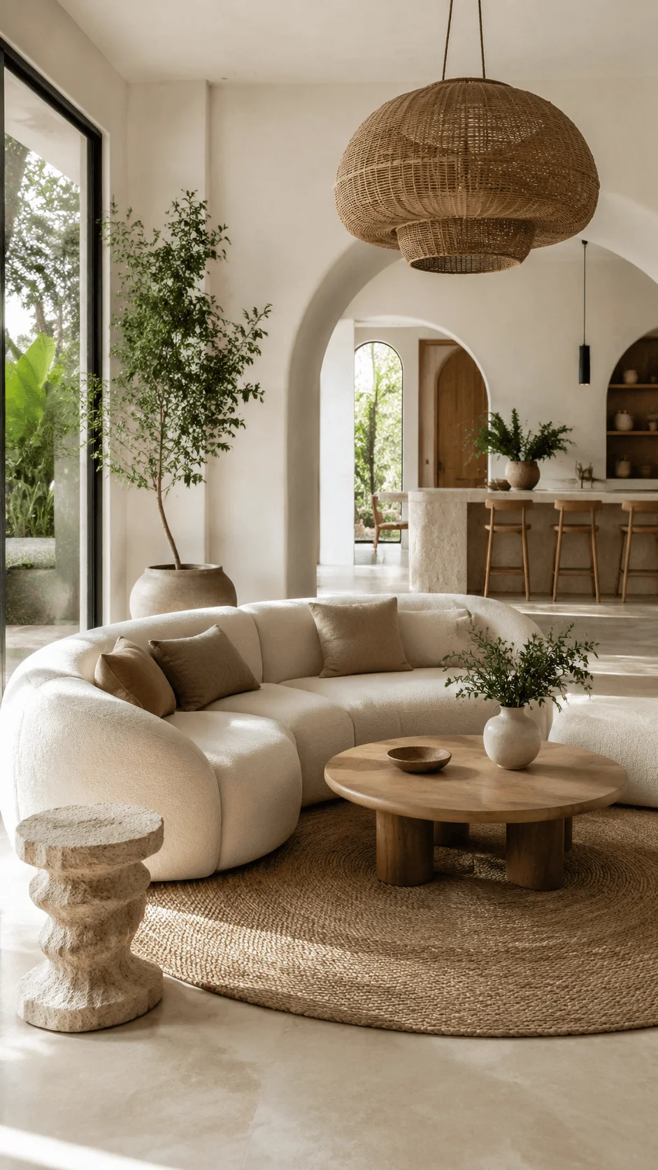 Organic modern home design with curved furniture, natural materials, soft neutral colors, indoor plants, arched architectural details, and a peaceful sustainable interior inspired by nature forms