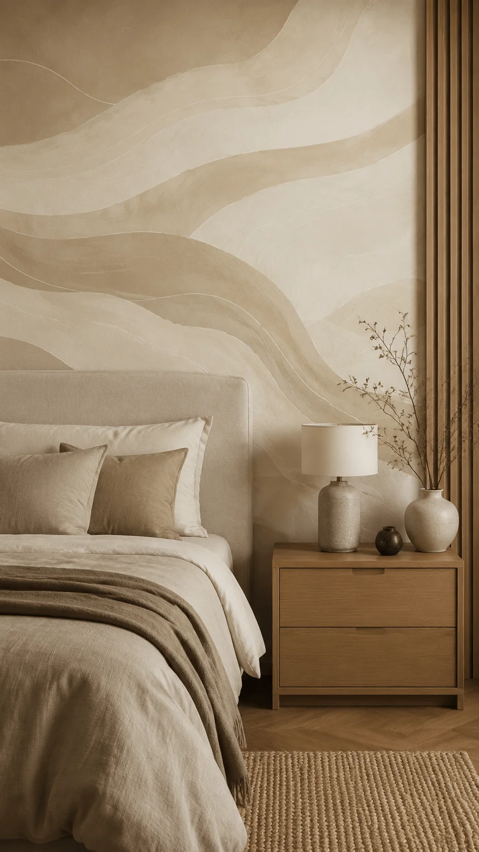 Organic modern wallpaper aesthetic featuring a minimalist bedroom with flowing abstract natural patterns neutral tones wooden furniture and calming sustainable interior design elements