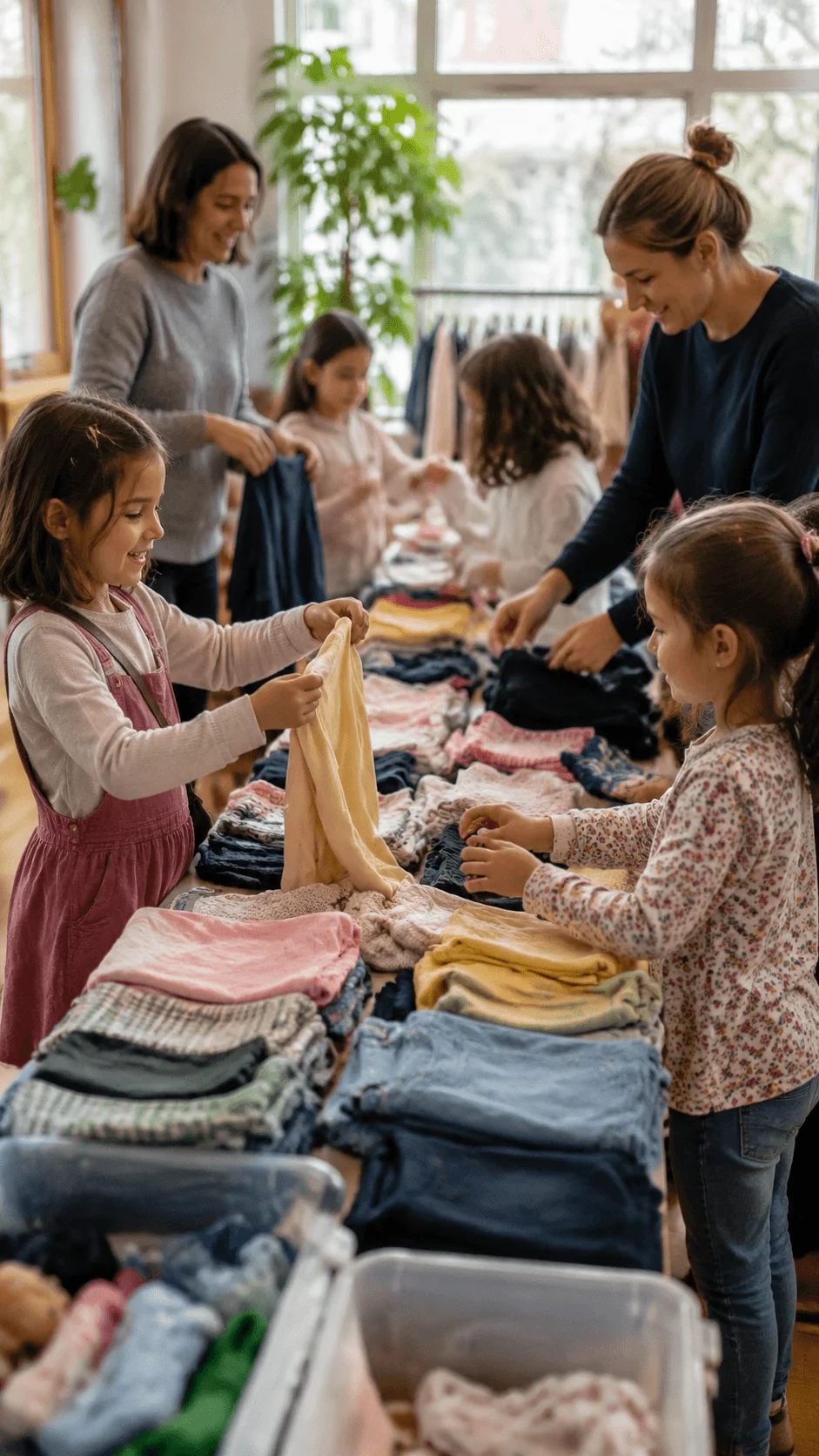 Children participating in a clothing swap event by exchanging and organizing reusable clothes with family and friends to promote sustainable fashion habits