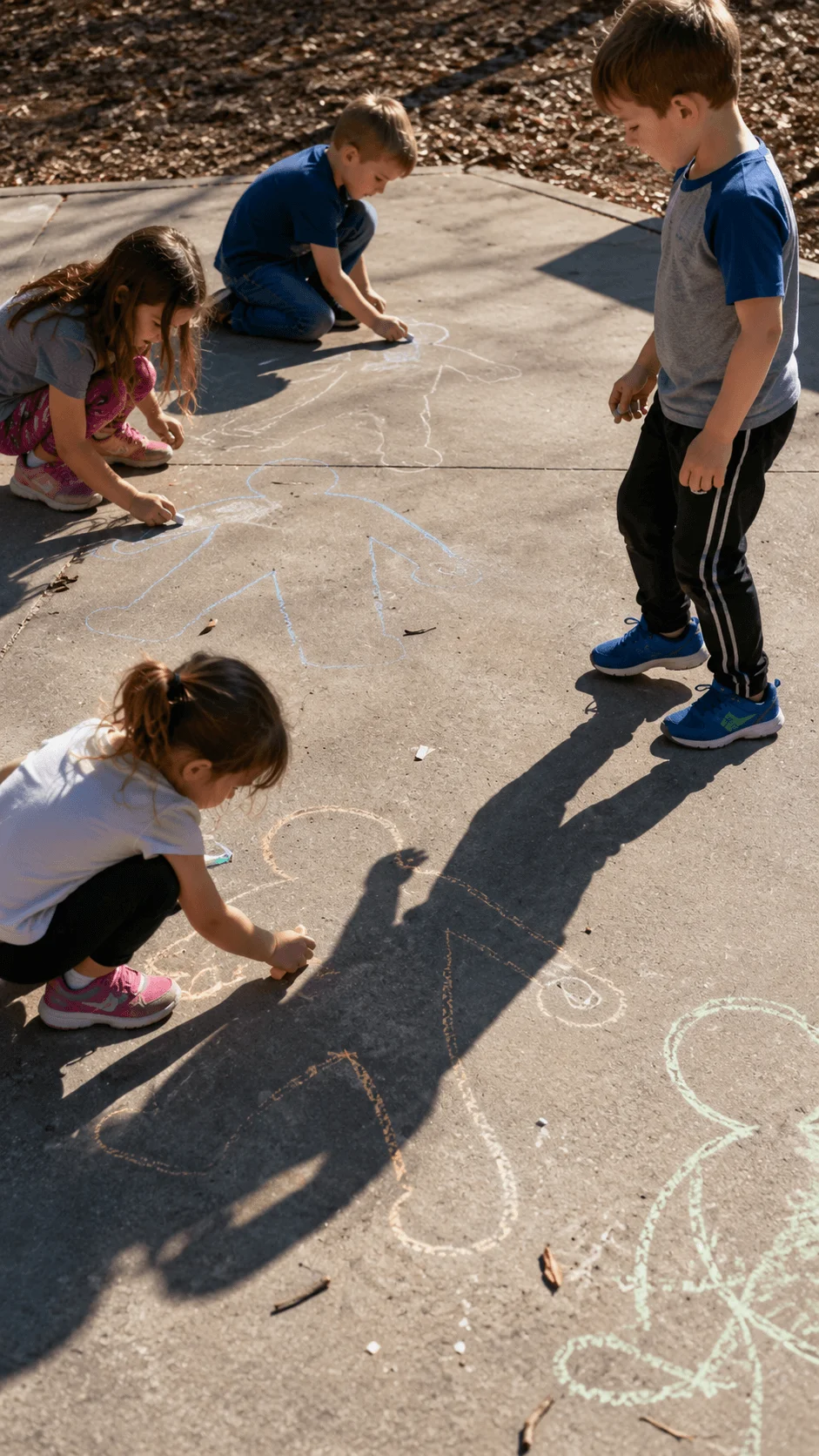 Children tracing their shadows with colourful chalk during an outdoor sunlight and shadow exploration activity