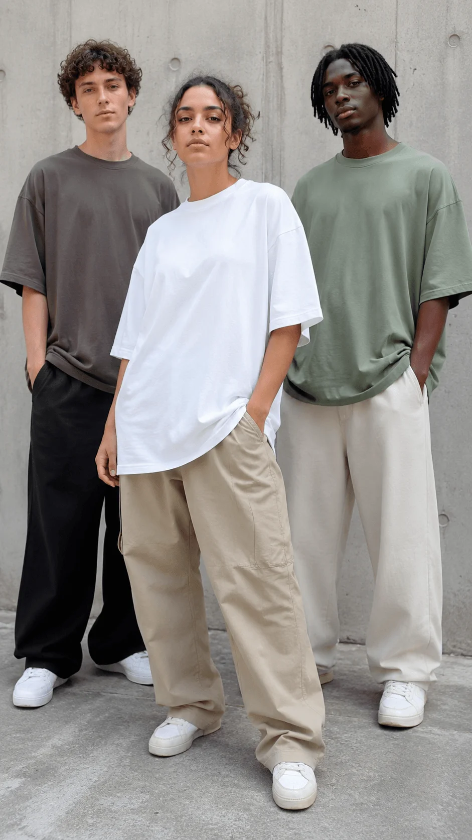 Oversized gender inclusive sustainable T shirts worn by a diverse group in neutral colors