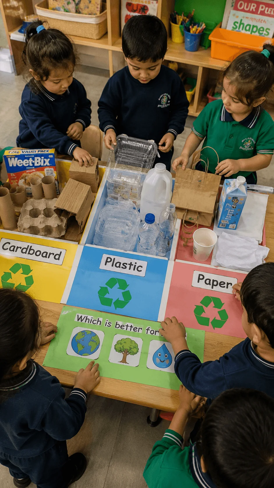 Preschool children exploring and sorting cardboard, plastic, and paper packaging materials at a sensory table while learning about recycling and waste awareness.