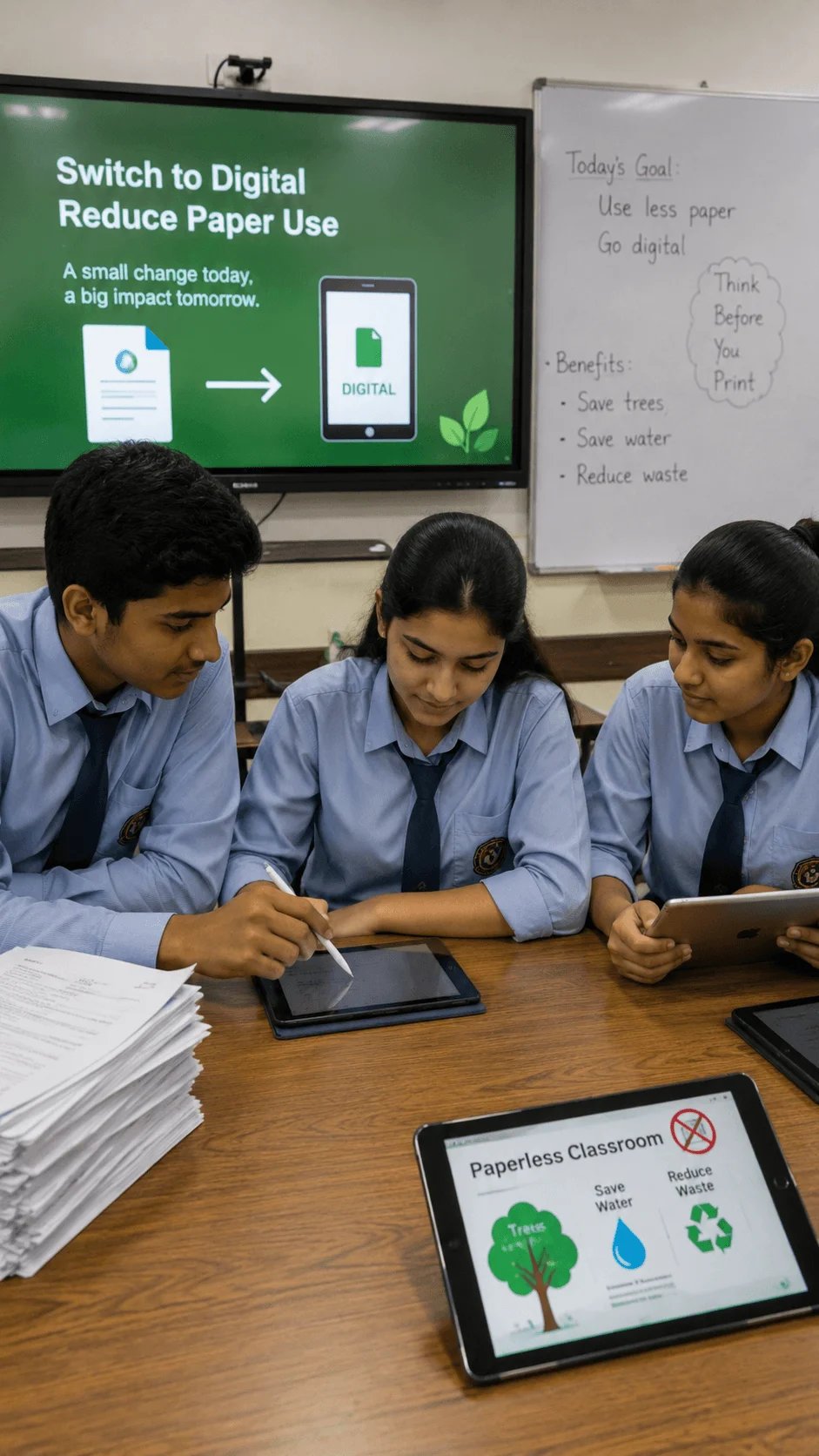 High school students using tablets for digital assignments in a paperless classroom initiative focused on reducing paper use, saving trees, conserving water, and minimizing waste