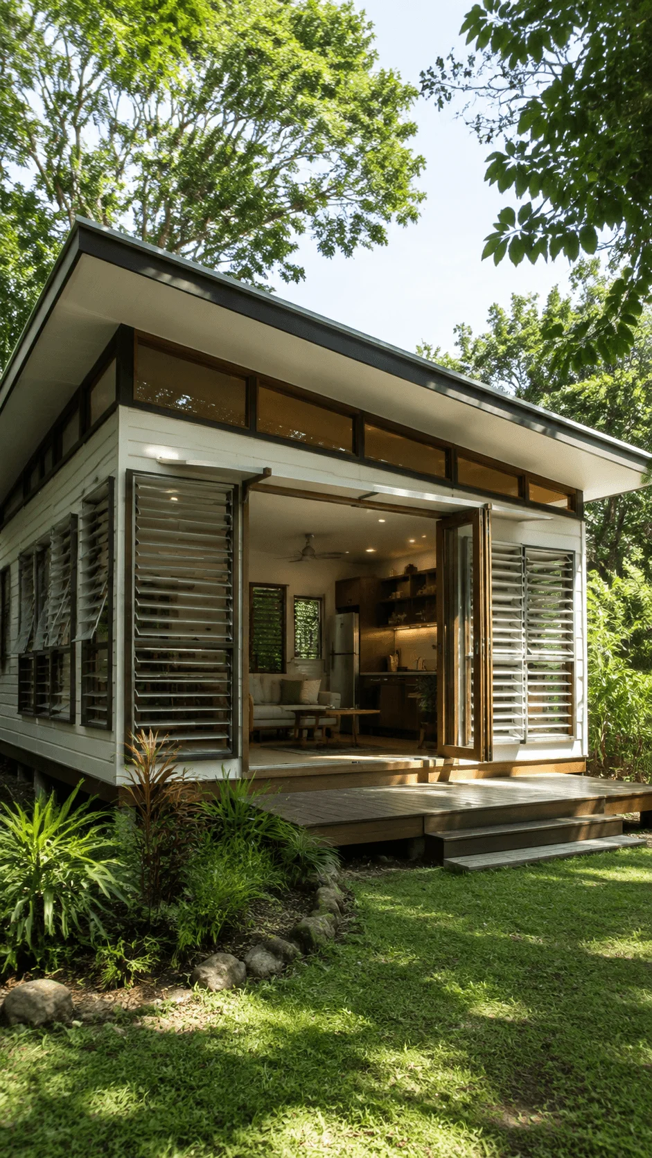 Passive cooling design in a sustainable mini house featuring natural ventilation shaded windows open spaces and energy efficient eco friendly architecture