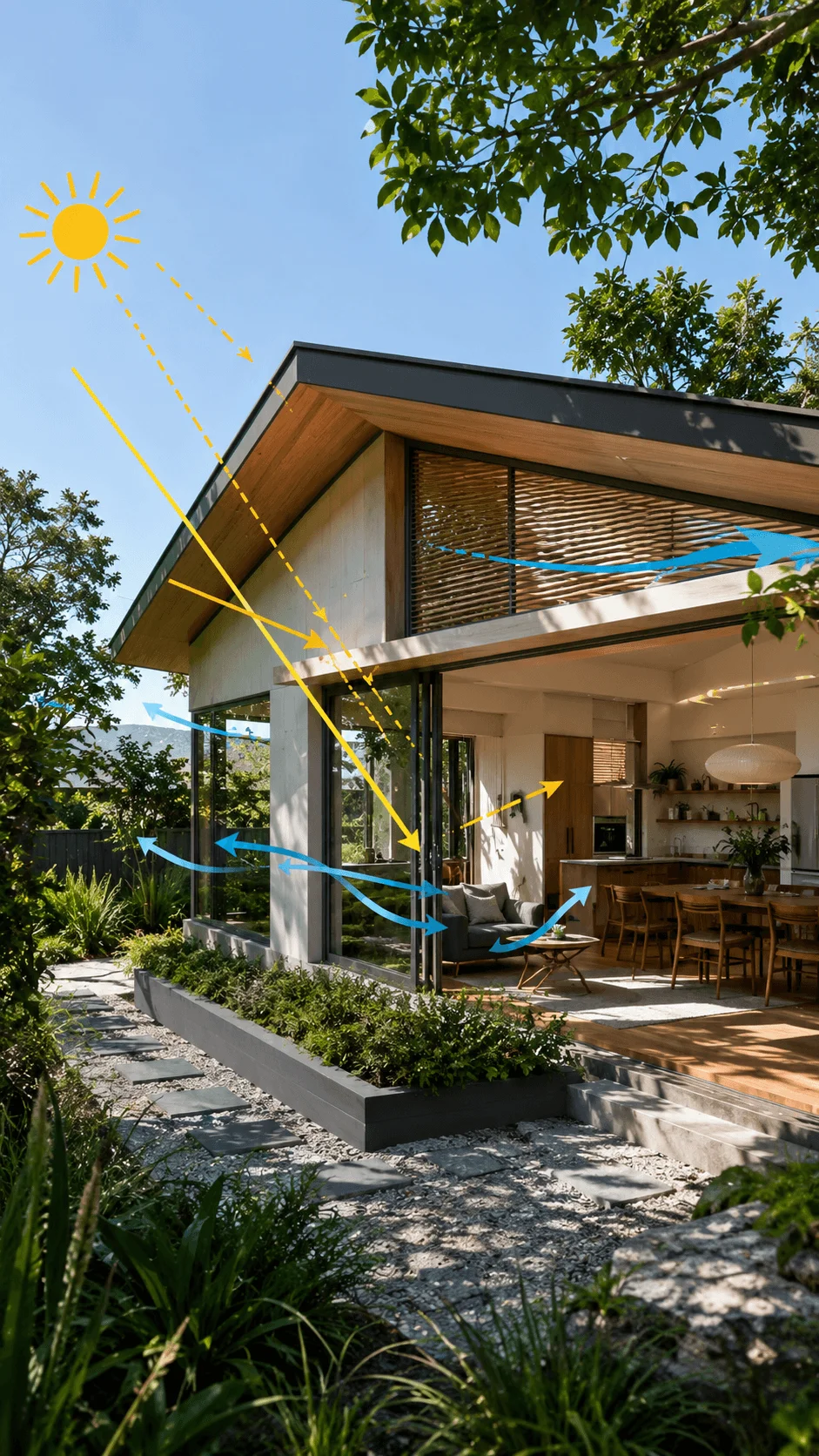 Passive cooling and heating design for energy efficient home with natural ventilation sunlight direction shading and sustainable architectural features for comfortable indoor climate control