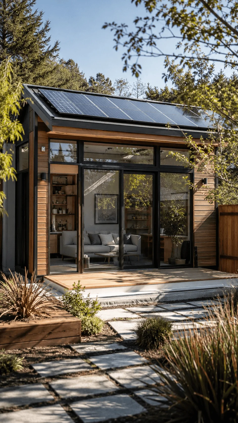 Passive solar ADU with rooftop solar panels natural wood exterior large glass windows energy efficient design passive heating and cooling sustainable landscaping and modern eco friendly architecture